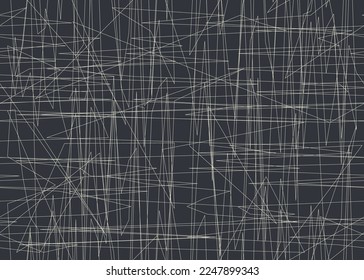Minimalist abstract artwork of white chalk scribbles. Irregular pen strokes on board or black background. Describes expressions of confusion, anger, or feelings of stress. For textures or wallpaper.