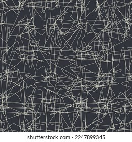 Minimalist abstract artwork of white chalk scribbles. Irregular pen strokes on board or black background. Describes expressions of confusion, anger, or feelings of stress. For textures or wallpaper.