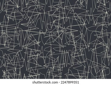 Minimalist abstract artwork of white chalk scribbles. Irregular pen strokes on board or black background. Describes expressions of confusion, anger, or feelings of stress. For textures or wallpaper.