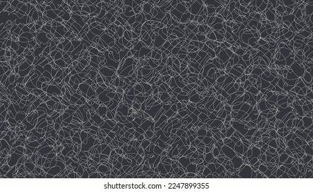 Obra abstracta minimalista de garabatos de tiza blanca. Golpes de lápiz irregulares a bordo o fondo negro. Describe expresiones de confusión, ira o sentimientos de estrés. Para texturas o papel tapiz.