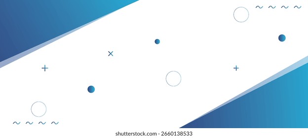 Minimalist abstract background with blue gradient geometric shapes, circles, and wave lines on a white diagonal space.