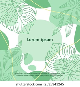 minimalist abstract background with botanical line leaves and liquid organic shapes. pastel green colors. vector illustration design template for web, banner, flyer