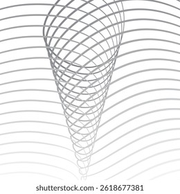 Minimalist abstract background with a dynamic vortex of gray curved lines forming a spiral cone shape. Perfect for technology, innovation, creative concept themes.

