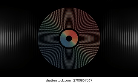 Plano de fundo abstrato minimalista com círculos concêntricos com um gradiente do espectro do arco-íris em uma superfície escura. Representa conceitos de som, tecnologia ou CD-Vinil.