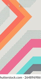 A minimalist abstract background featuring diagonal stripes of coral, orange, pink, teal, and grey, interspersed with scattered teal dots on a light grey base.