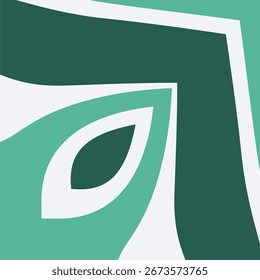 A minimalist abstract background featuring a geometric and organic corner design with leaf like shapes in a clean palette of green, teal, and white.