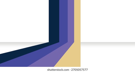 A minimalist abstract background featuring geometric shapes and colored stripes. Bands of dark blue, purple, and tan create a corner frame against a clean white backdrop.