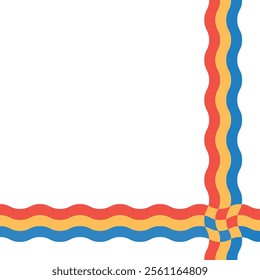 Minimalist abstract background featuring intersecting wavy lines in red, yellow, and blue, forming a colorful corner pattern against a clean white backdrop