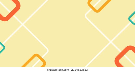 Un fondo abstracto minimalista con un tono amarillo claro con líneas blancas que se cruzan y coloridas Formas cuadradas redondeadas en las esquinas, creando un diseño geométrico moderno.