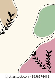Um fundo abstrato minimalista com formas orgânicas pastel e silhuetas de folha preta. Perfeito para a arte de parede moderna, embalagem, ou modelos de mídia social.