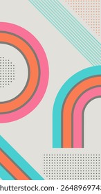 A minimalist abstract background featuring a playful arrangement of colorful geometric shapes and patterns in a retro-inspired palette, perfect for modern design.