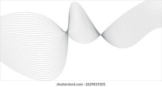 Minimalist abstract background featuring smooth, curved gray lines flowing in a wave-like motion over a white backdrop. This elegant vector design offers a clean, modern aesthetic ideal
