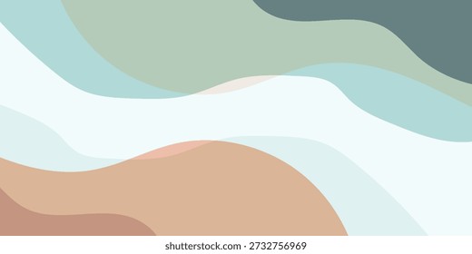 Ein minimalistischer abstrakter Hintergrund mit glatten, fließenden organischen Formen in einer Palette von gedeckten Erdtönen und sanftem Blues.