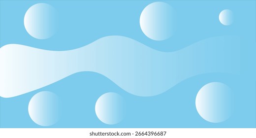Plano de fundo abstrato minimalista com círculos de gradiente suave de branco a azul sobre um plano de fundo azul claro com formas de onda fluindo. O design limpo e moderno cria uma sensação de calma e frescura,