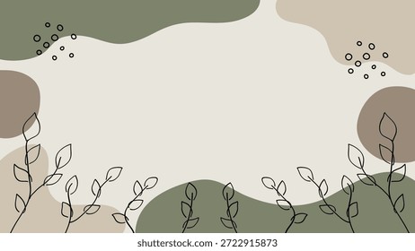 A minimalist abstract background featuring soft organic shapes in muted green and beige tones, with delicate line-drawn leaves at the bottom