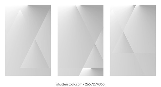 Minimalist abstract background featuring a trio of grey and white geometric designs with soft gradients and sharp angles, perfect for modern digital projects.