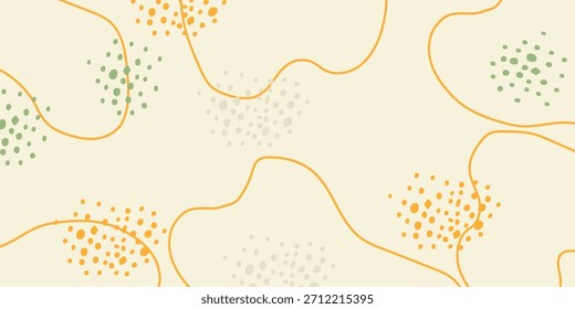 Ein minimalistischer abstrakter Hintergrund mit wellenförmigen orangefarbenen Linien und verstreuten Clustern kleiner Punkte in Grün, Orange und Grau vor hellcremigem Hintergrund. Dieses Design erinnert an moderne Einfachheit und organischen Fluss.