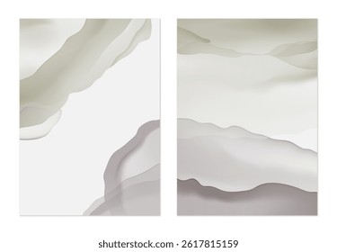 Minimalist abstract background, flowing forms with a translucent watercolor effect in shades of green and brown on a light brown background