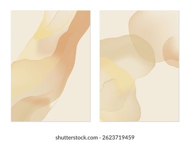 Minimalist abstract background, flowing forms with a translucent watercolor effect in shades of brown and yellow on a light brown background