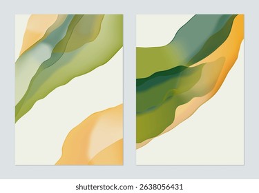 Minimalist abstract background, flowing forms with a translucent watercolor effect in shades of green and yellow on a light green background