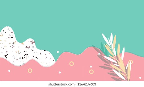 Minimalist abstract background, fluid shapes with leaves, cool pastel pink and green tones