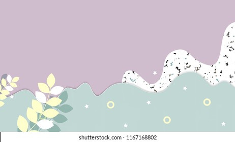 Fondo abstracto minimalista, formas fluidas con hojas, colores vivos color púrpura y azul pastel