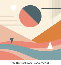 Minimalist abstract background with geometric shapes in warm summer tones and pastel colors.