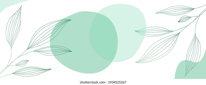 Minimalist abstract background with green contour leaves located on the sides of the template