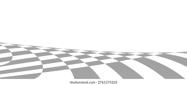 Minimalist abstract background with a grey and white checkered floor in receding perspective, distorted with gentle waves for a subtle optical effect.