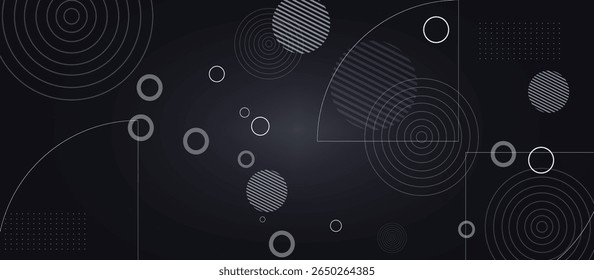 Minimalist Abstract Background with Light Gray Circular and Geometric Shapes on Dark Surface, Concentric Circles, Dotted Ovals, and Lines Create Visual Depth and Modern Motion