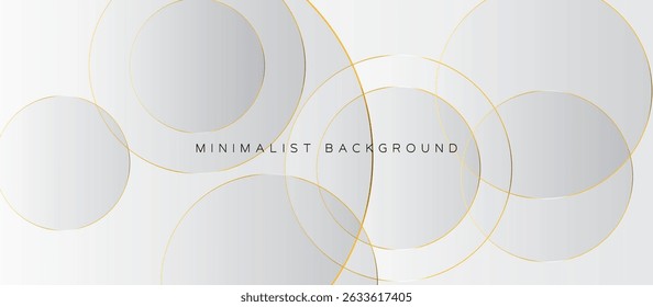 Minimalist Abstract Background with Overlapping Translucent Circles in Gray and White, Thin Gold-Colored Outlines, Layered Depth, Light Almost-White Backdrop, Elegant Contemporary Design