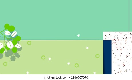 Minimalist abstract background, rectangle shapes with leaves, cool pastel green tones