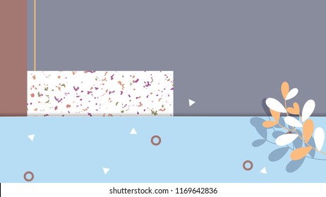 Minimalist abstract background, rectangle shapes with leaves, cool blue and brown