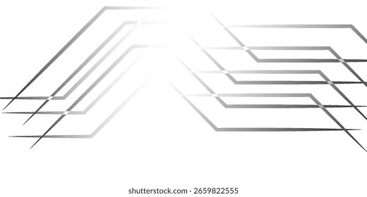 Plano de fundo abstrato minimalista com linhas metálicas nítidas desaparecendo da escuridão para a luz. Ideal para tecnologia, design e apresentações comerciais.

