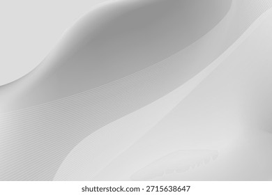 Fondo abstracto minimalista que muestra suaves ondas de gradiente blanco y gris con delicadas líneas paralelas.