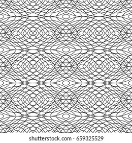 Minimalist abstract background. Simple modern print with crossed line in black. Outline seamless pattern with geometric figures and shapes. Digital paper, textile print, page fill art. Vector.