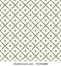 Minimalist abstract background. Simple modern print with mini crosses and diagonal lines. Seamless pattern with geometric figures. Digital paper, textile print, page fill. Vector art
