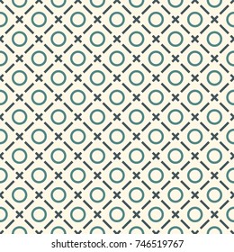 Minimalist abstract background. Simple modern print with mini crosses, rings and diagonal lines. Seamless pattern with geometric figures. Digital paper, textile print, page fill. Vector art