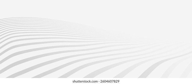 Minimalist abstract background with smooth, flowing white and gray wave lines fading into the distance. Ideal for modern designs, presentations, and digital artwork.