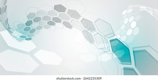 Minimalist abstract background with transparent hexagonal shapes forming a dynamic wave pattern. Perfect for presentations, medical technology, futuristic themes.