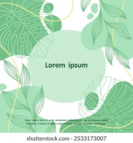 Minimalist abstract background with tropical leaves, floral and botanical elements. and hand drawn liquid organic shapes. pastel green colors. vector illustration design template for web, banner