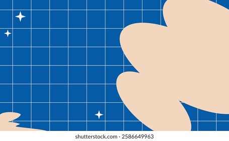 A minimalist abstract background vector with a grid pattern in a rich blue hue. Overlaid are two soft beige organic shapes and a sprinkle of white stars, creating a sense of calm and serenity.