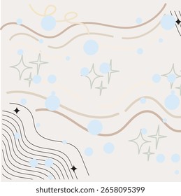 Minimalist abstract background with waves, bubbles, and stars for modern designs.
