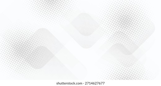 Un fondo abstracto minimalista en blanco y gris presenta una mezcla de Formas redondeadas y sutiles patrones de puntos semitonos, creando una estética limpia y moderna adecuada para el diseño digital y