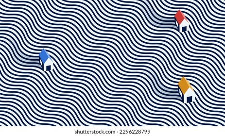 Fondo abstracto minimalista con textura hipnótica de la sandía salvaje, casas, montañas, campos. Antecedentes artísticos. Fondo dinámico y moderno. Casas en el campo gráfico de la sandía salvaje.