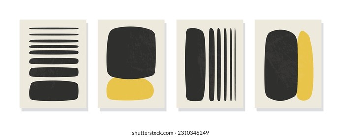 Minimalist abstract black form on a yellow background, complemented by line art in beige. Canvas painting poster and print for modern wall decor in the living room and home.