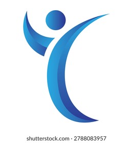 Minimalist abstract blue vector logo depicting a dynamic human figure with upraised arms. Ideal for fitness branding, healthcare icons, sports clubs, and wellness corporate identity.