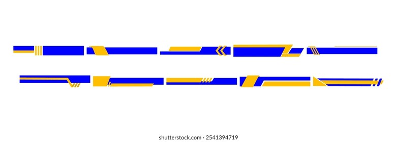 Separadores gráficos abstratos minimalistas azuis e amarelos sobre um fundo branco. Acentos geométricos futuristas criam cabeçalhos dinâmicos limpos ou projetos de terço inferior para projetos digitais ou de mídia.