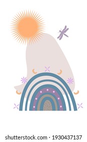 Minimalist abstract boho pattern with sunny sky and rainbow. Trendy design for nursery wall decor, print for t-shirt, summer party invitations, etc.