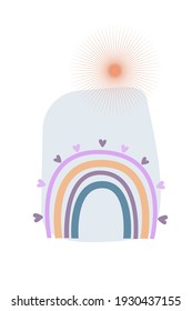 Patrón de boho abstracto minimalista con cielo soleado y arco iris. Diseño de moda para la decoración de las paredes de vivero, impresión de camisetas, invitaciones a fiestas de verano, etc.